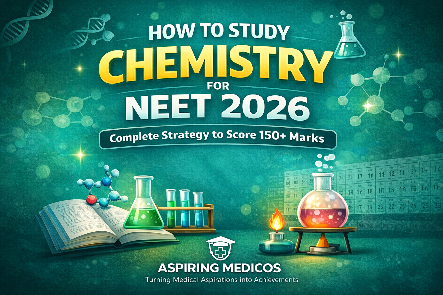 How to Study Chemistry for NEET 2026 complete strategy guide by Aspiring Medicos with chemistry lab elements and branding