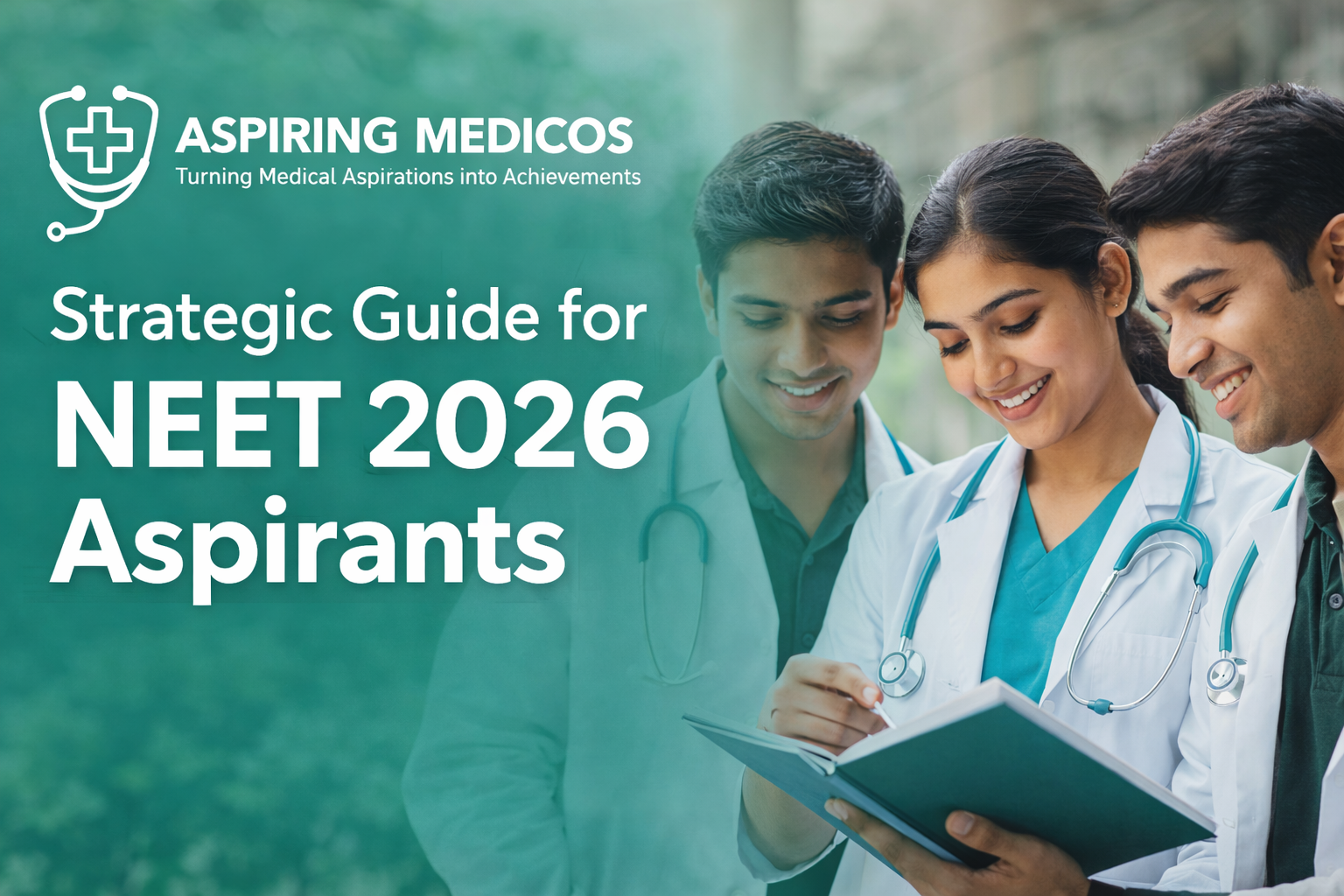 Strategic guide for NEET 2026 aspirants with medical students studying and Aspiring Medicos branding