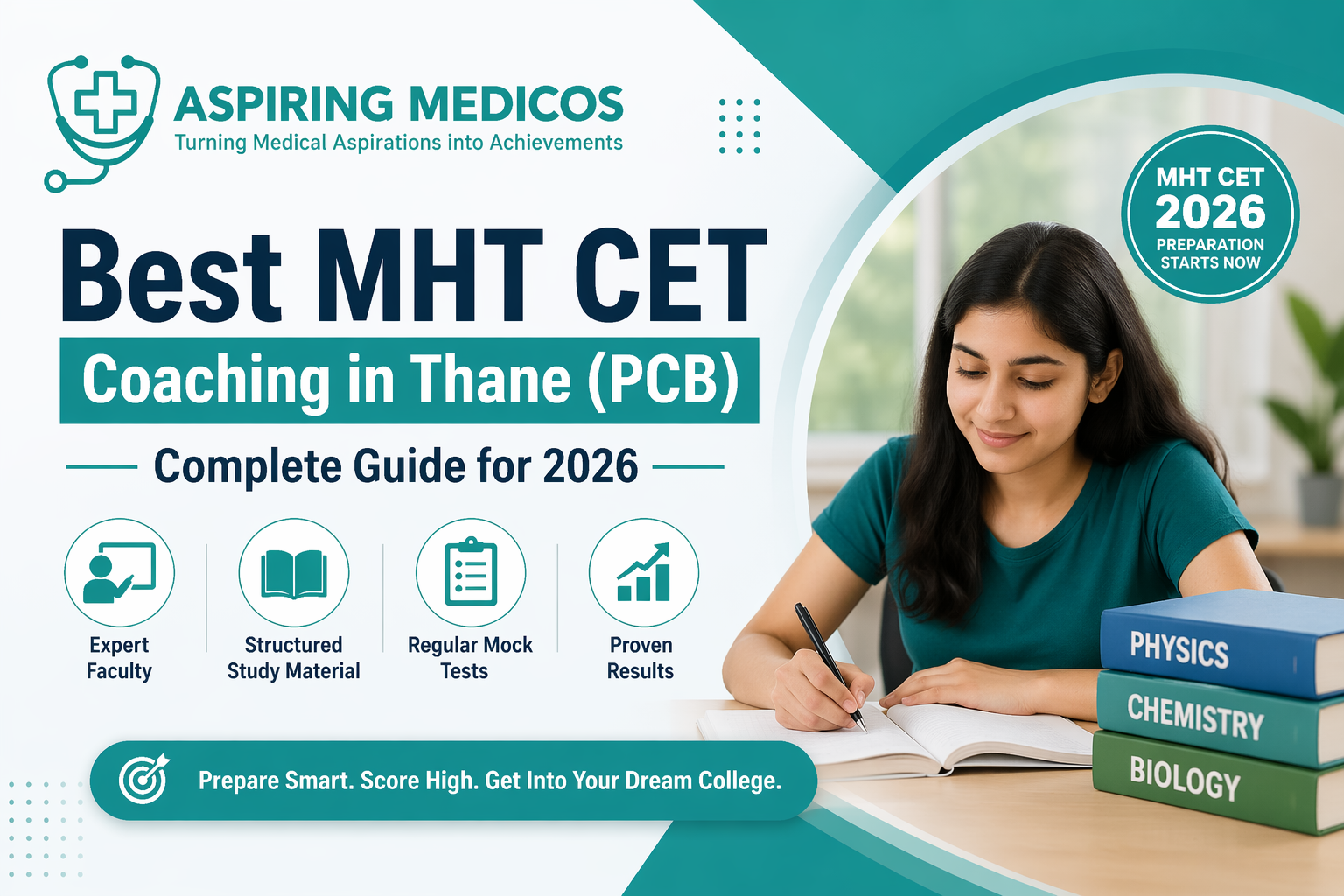 Best MHT CET coaching in Thane PCB 2026 guide with Aspiring Medicos branding and student studying Physics Chemistry Biology