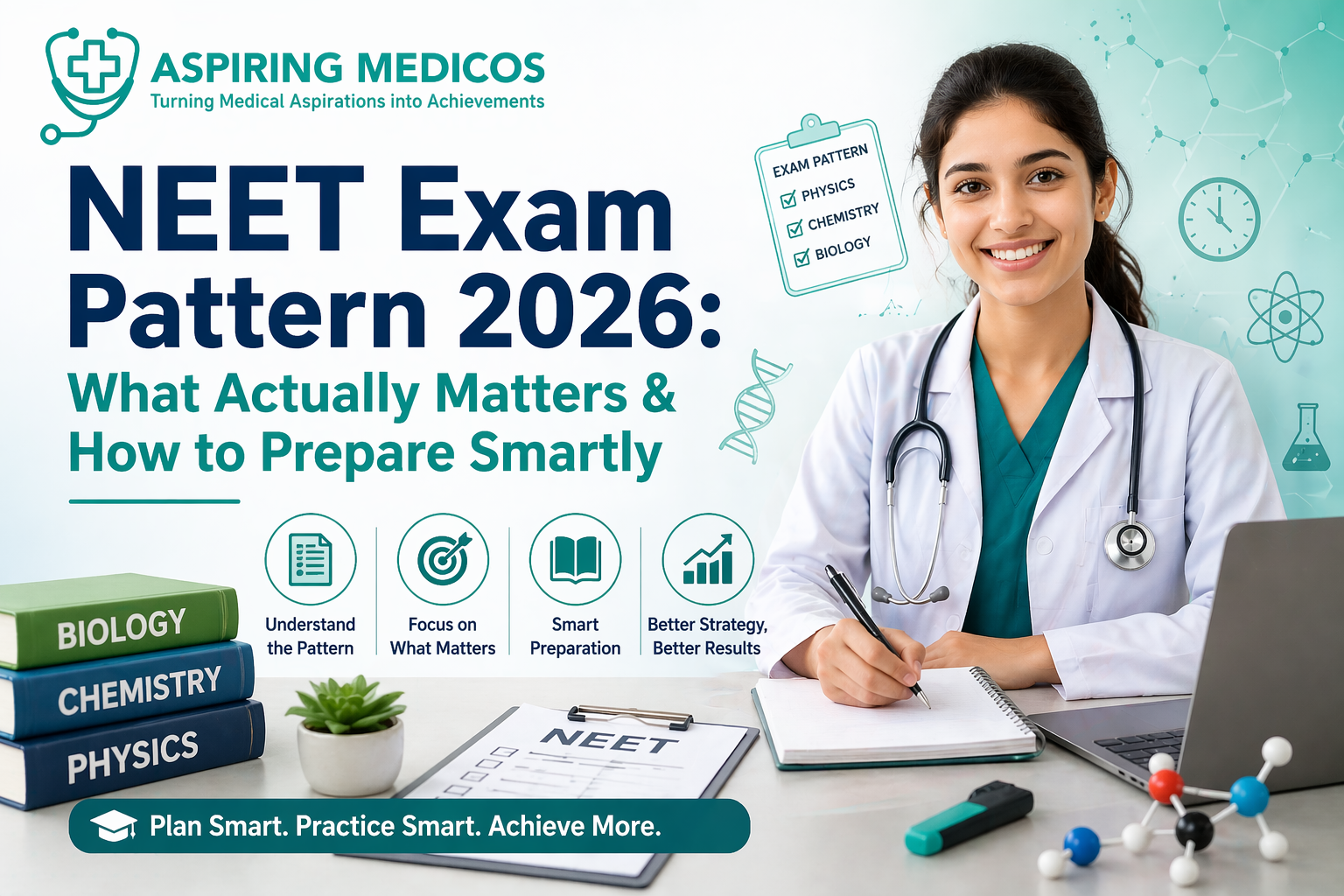 NEET Exam Pattern 2026 preparation banner with medical student, study elements, and Aspiring Medicos branding