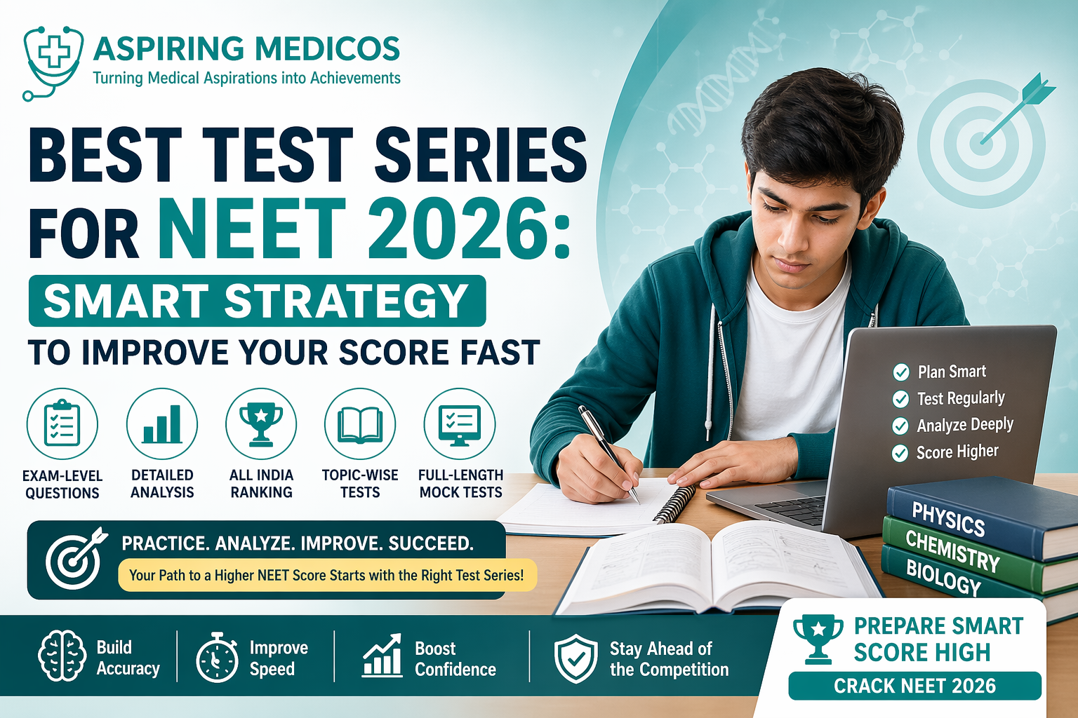 Student practicing NEET mock test with Aspiring Medicos test series showing analysis and performance improvement strategy