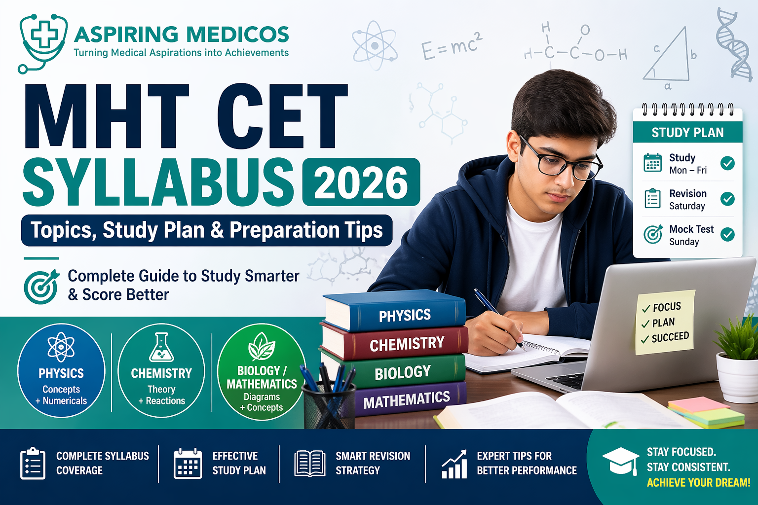 Student studying for MHT CET 2026 syllabus with physics, chemistry, and biology subjects along with a structured study plan