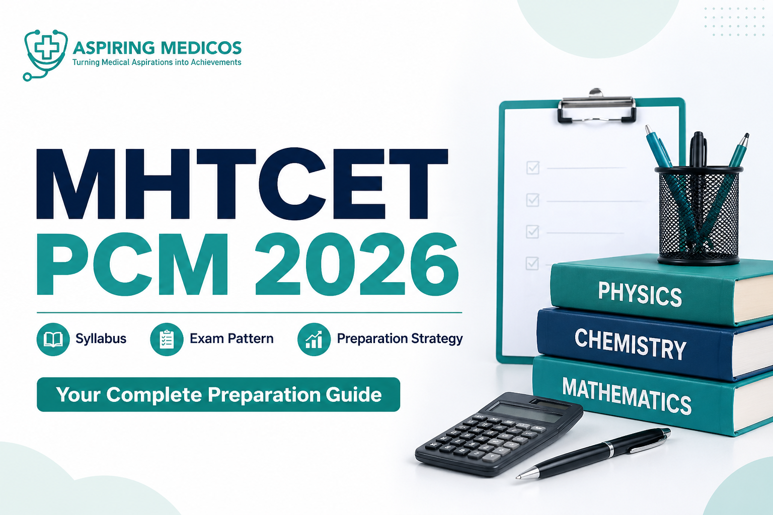 Feature image showing MHTCET PCM 2026 preparation with books for Physics, Chemistry, Mathematics, a checklist board, and study tools representing syllabus, exam pattern, and strategy. Title: