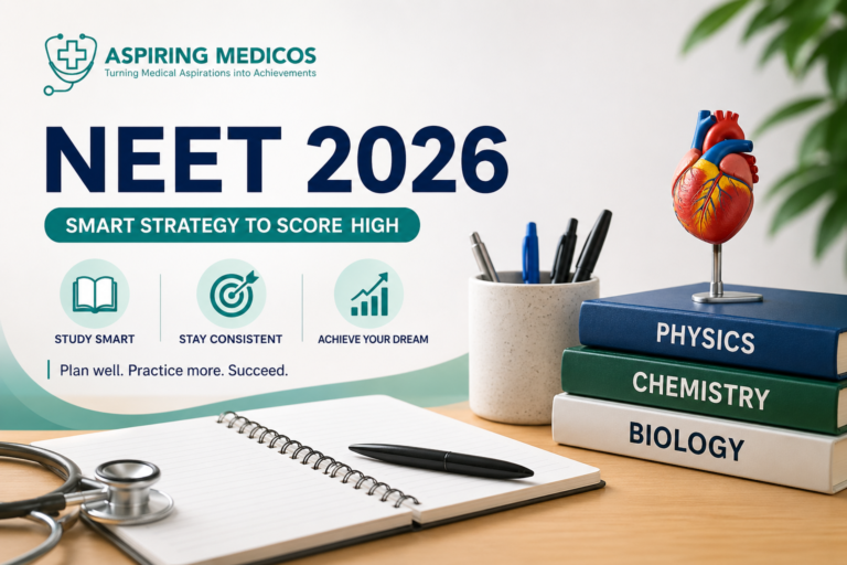 NEET 2026 preparation banner with study desk, medical model, books, and Aspiring Medicos logo highlighting exam strategy.